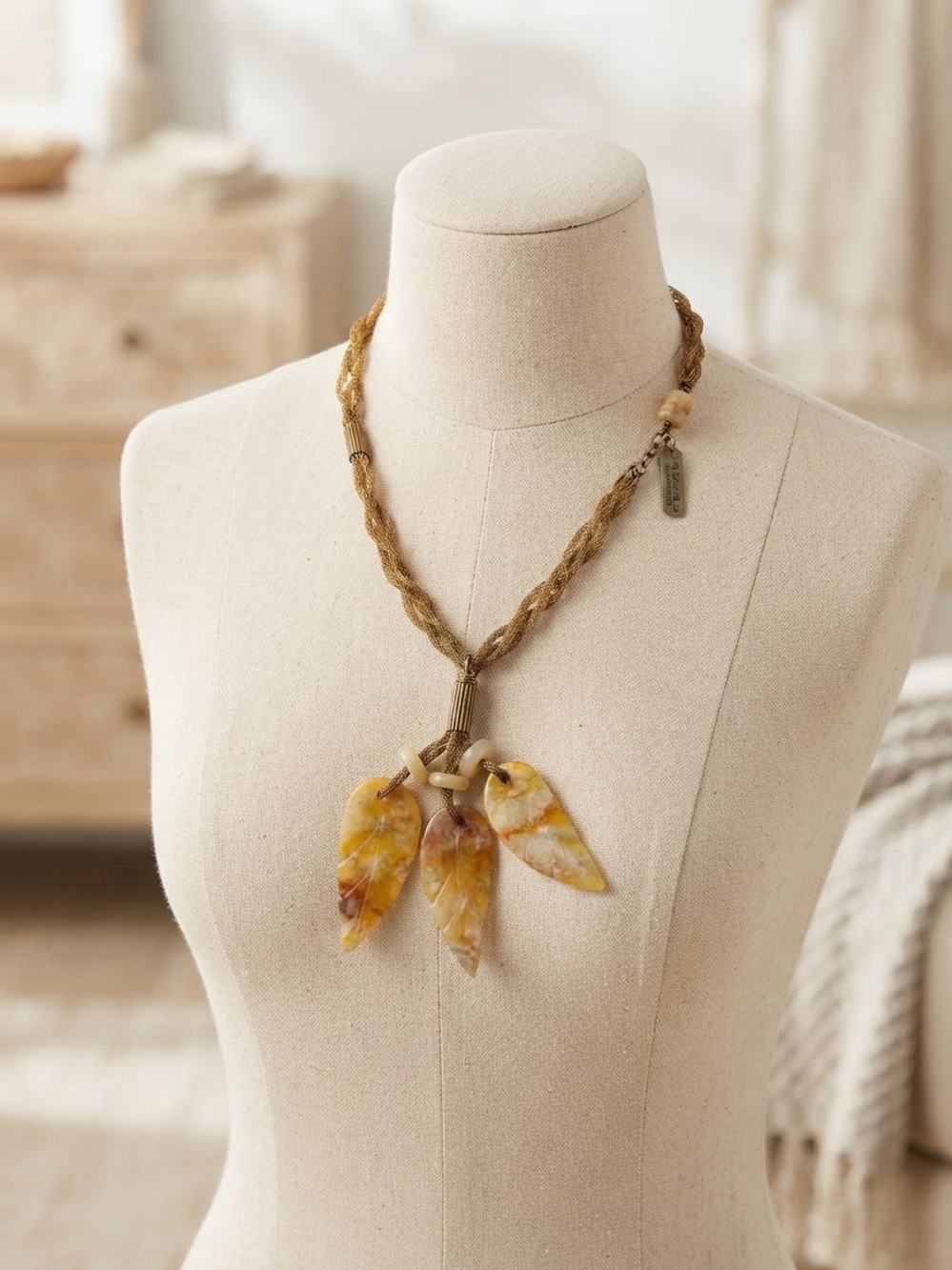 Artisan Signed Jan Michaels San Francisco Gold Woven Leaf Statement Necklace